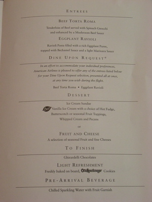 American Airlines Menu - Dinner Entrees & Desserts American Airlines Menu - Dinner Entrees & Desserts