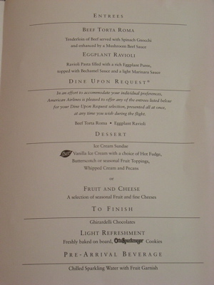 American Airlines Menu - Dinner Entrees & Desserts