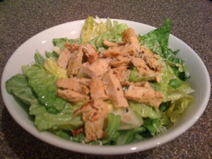 This is the yummy Egg-less Caesar Salad w/ Soy Chicken.  This is a keeper!