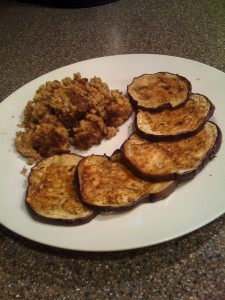Greek Soy Crumble w/ Grilled Eggplant Slices